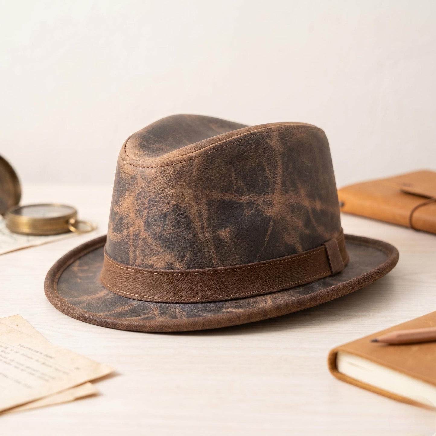 Distressed Brown Leather Fedora Hat – Rugged Vintage Western Style