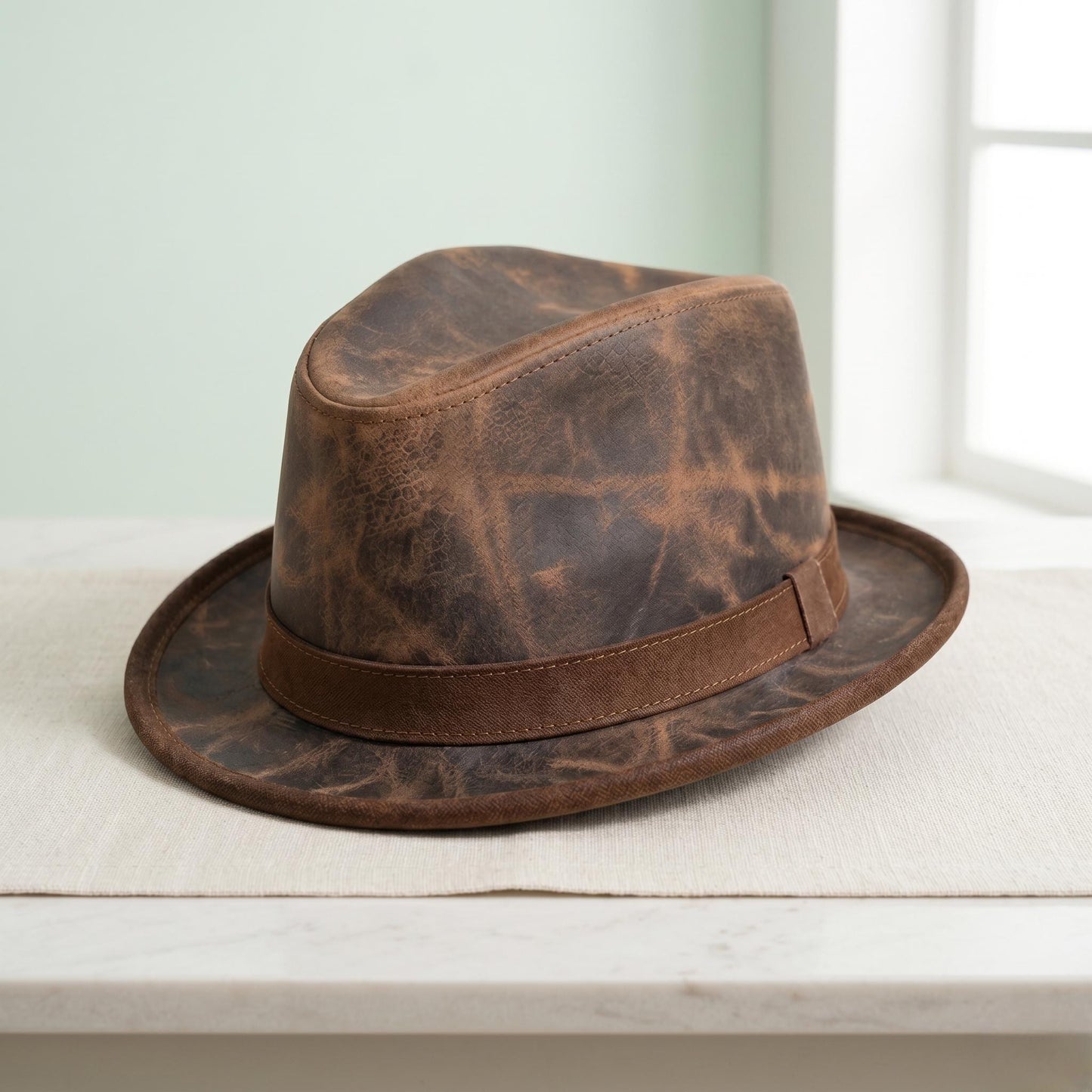 Distressed Brown Leather Fedora Hat – Rugged Vintage Western Style