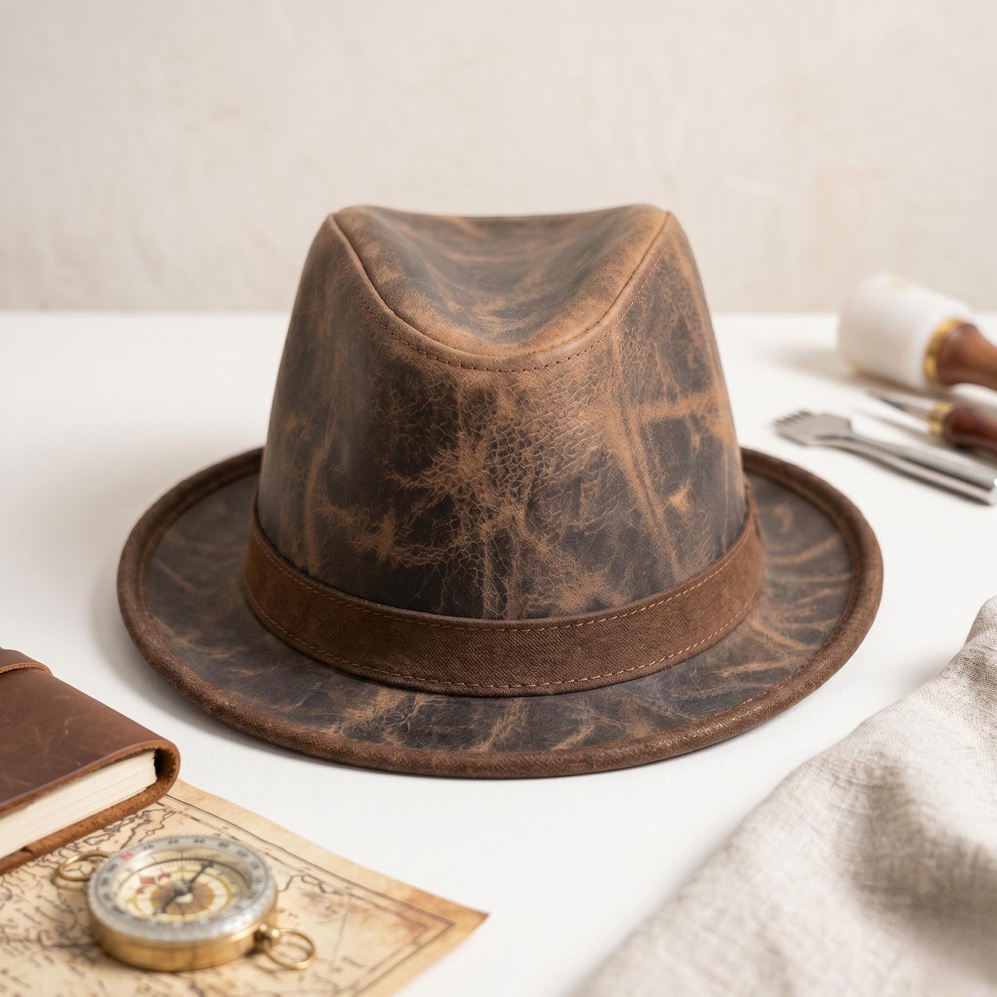 Distressed Brown Leather Fedora Hat – Rugged Vintage Western Style