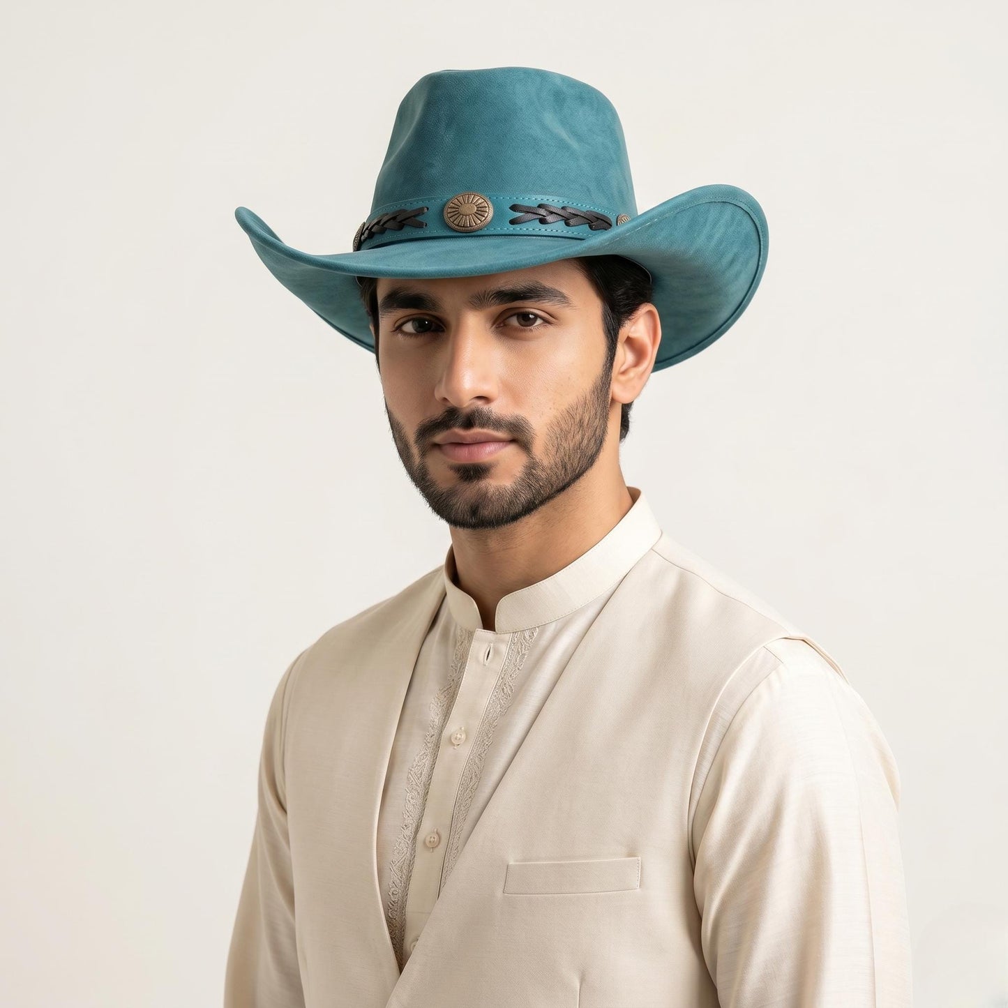 Turquoise Suede Cowboy Hat with Vintage Concho Band