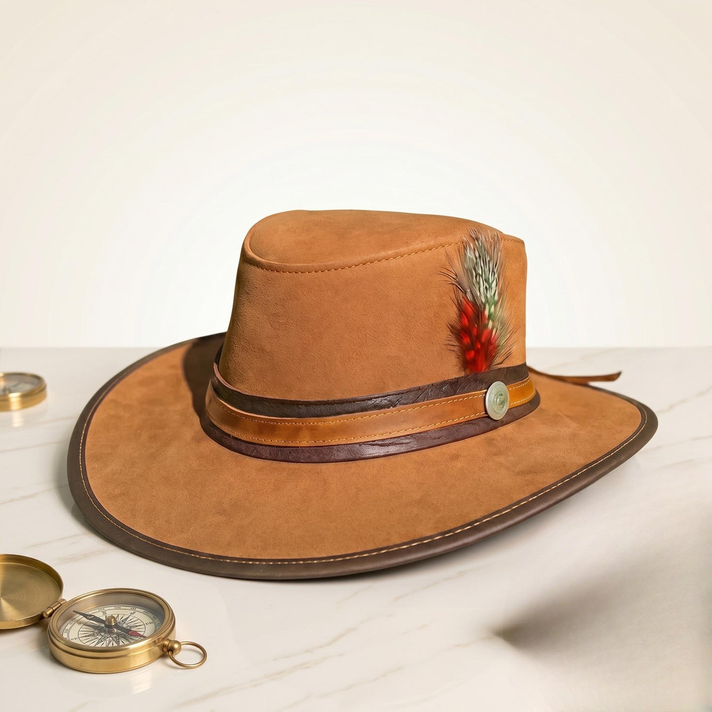 Tan Suede Western Cowboy Hat with Decorative Feather Band