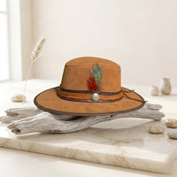 Tan Suede Western Cowboy Hat with Decorative Feather Band