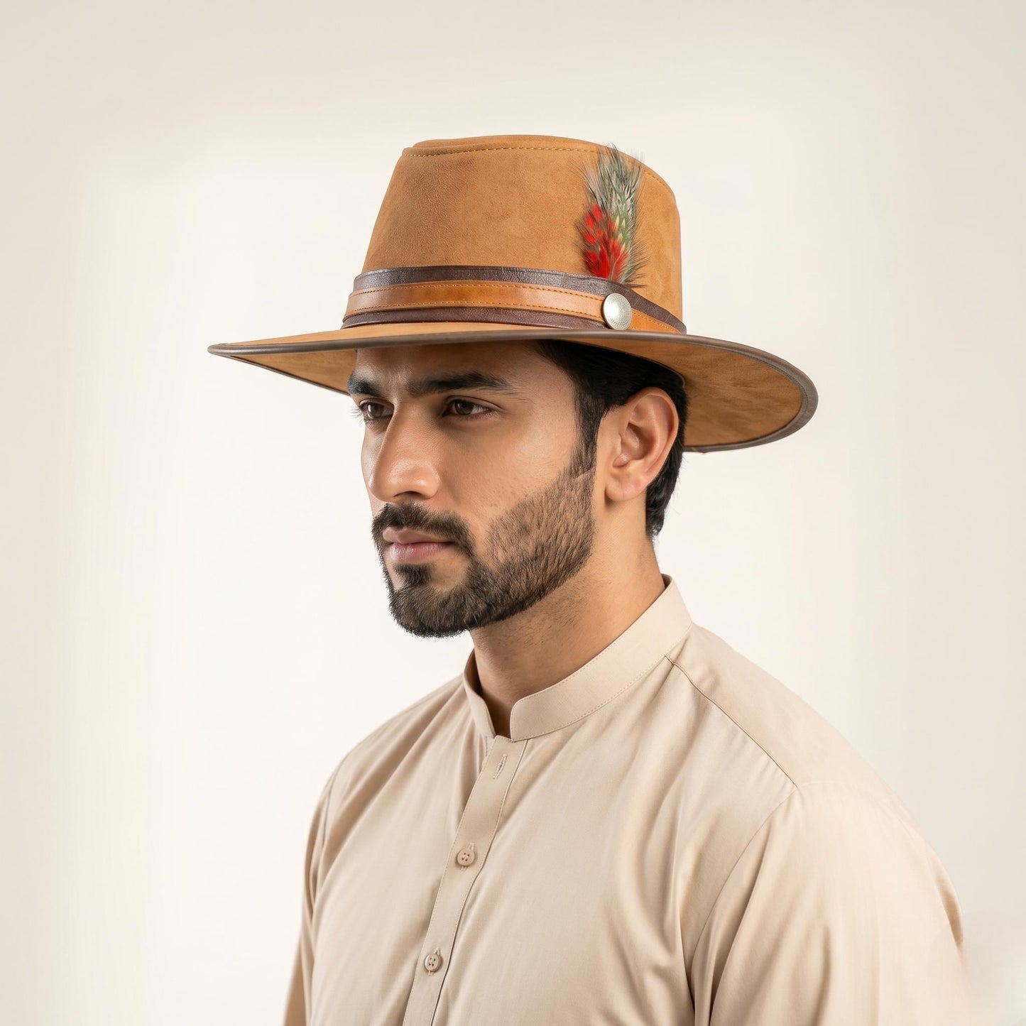 Tan Suede Western Cowboy Hat with Decorative Feather Band