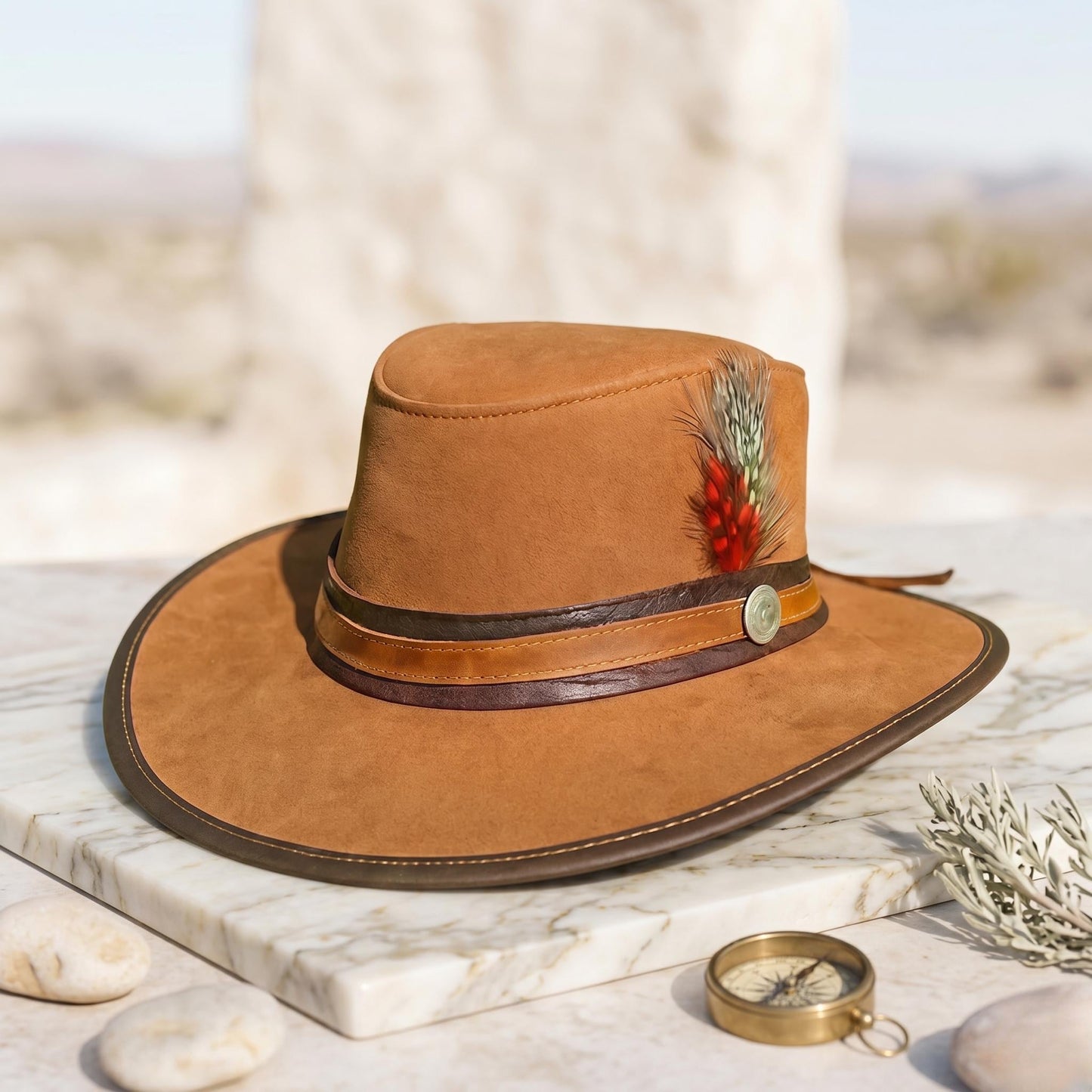 Tan Suede Western Cowboy Hat with Decorative Feather Band
