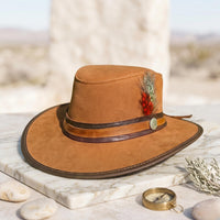 Tan Suede Western Cowboy Hat with Decorative Feather Band