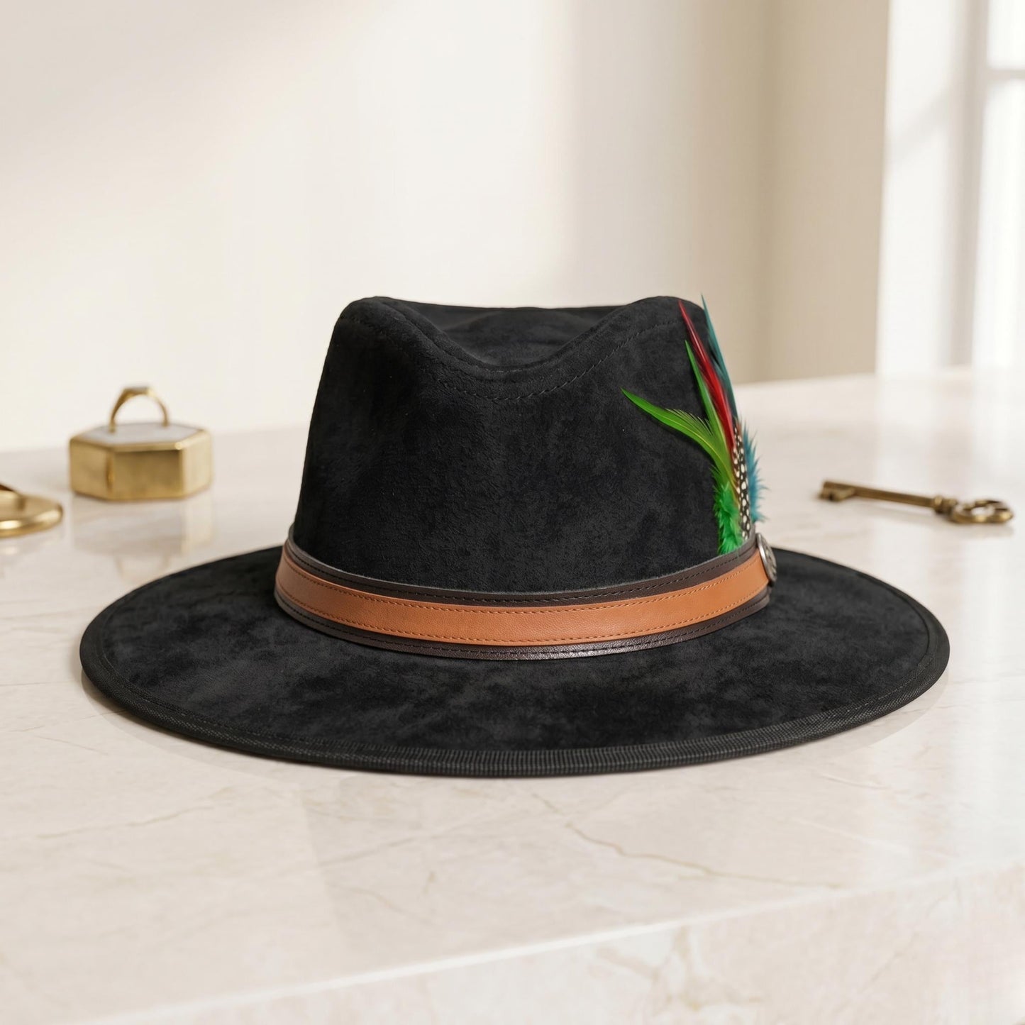 Black Suede Cowboy Hat with Vibrant Feather Band