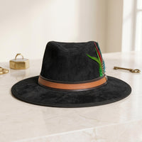 Black Suede Cowboy Hat with Vibrant Feather Band
