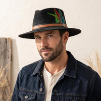 Black Suede Cowboy Hat with Vibrant Feather Band
