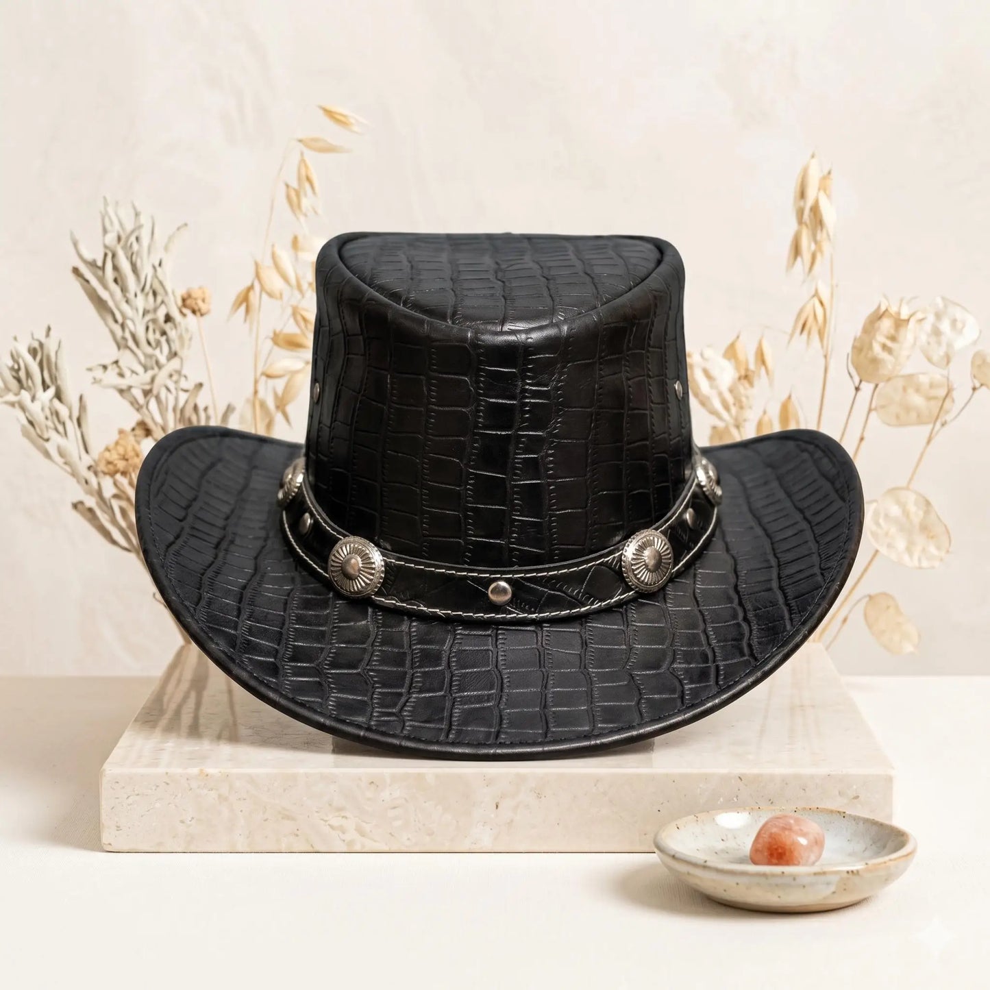 Black Crocodile Embossed Leather Cowboy Top Hat | Steampunk & Western Style