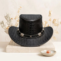 Black Crocodile Embossed Leather Cowboy Top Hat | Steampunk & Western Style