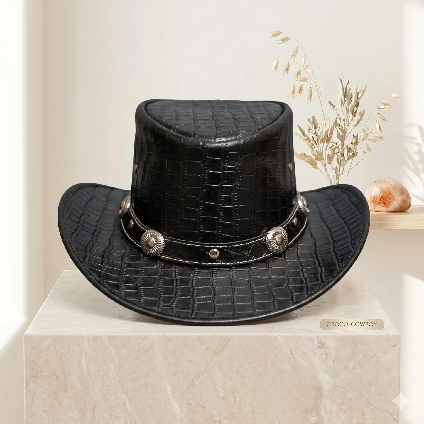 Black Crocodile Embossed Leather Cowboy Top Hat | Steampunk & Western Style