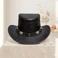 Black Crocodile Embossed Leather Cowboy Top Hat | Steampunk & Western Style