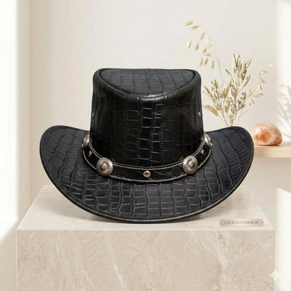 Black Crocodile Embossed Leather Cowboy Top Hat | Steampunk & Western Style