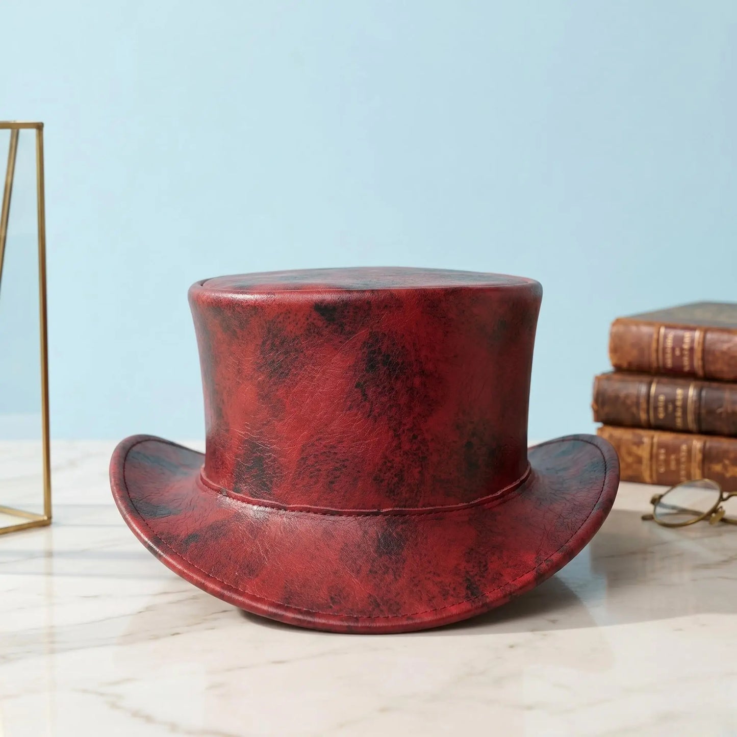 Handmade Distressed Red Leather Top Hat – Gothic Steampunk Victorian Cosplay Cap