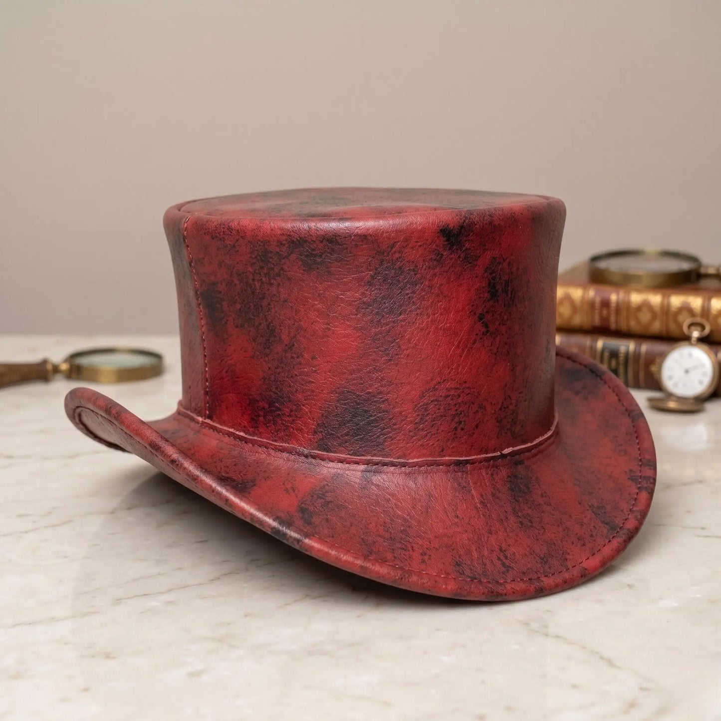 Handmade Distressed Red Leather Top Hat – Gothic Steampunk Victorian Cosplay Cap