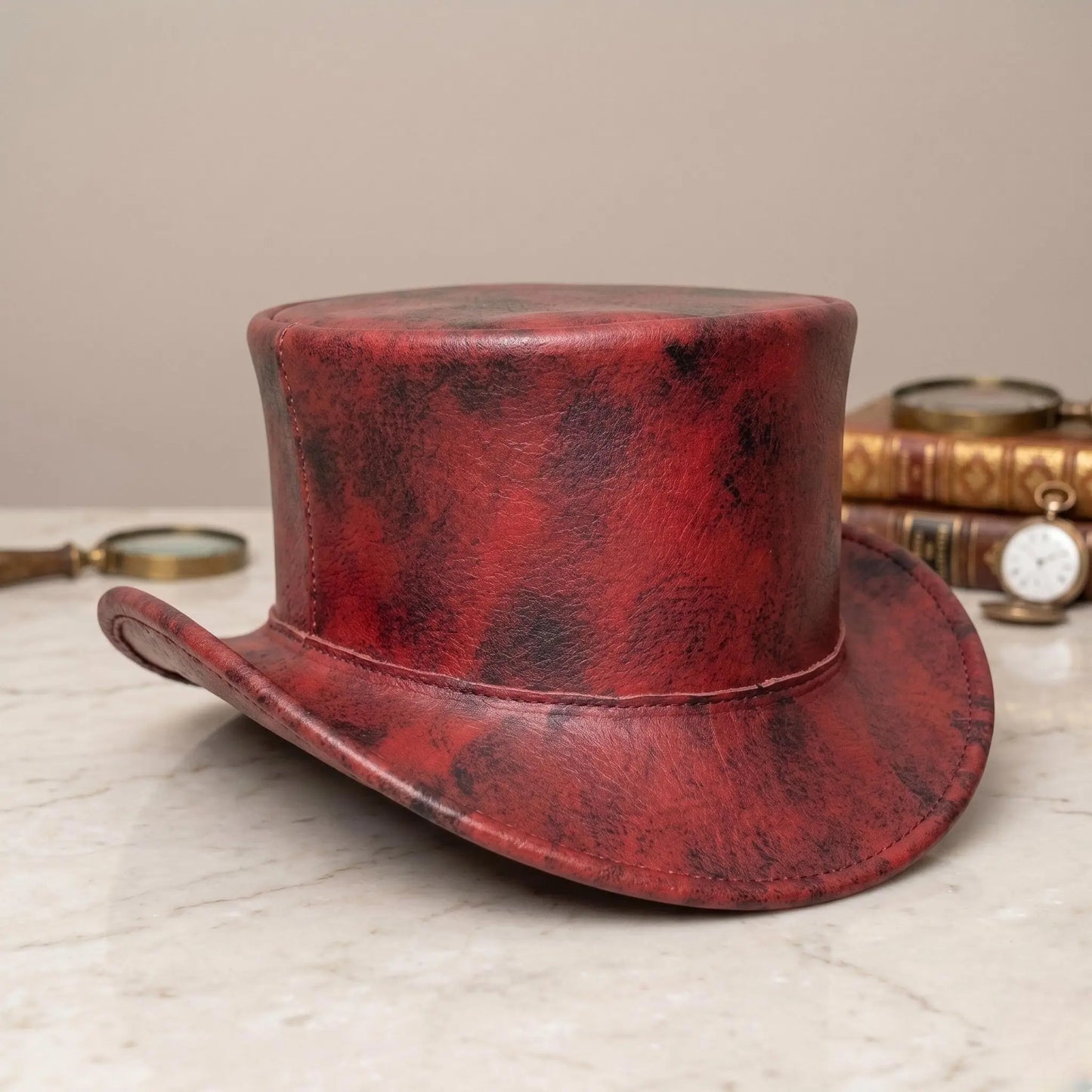 Handmade Distressed Red Leather Top Hat – Gothic Steampunk Victorian Cosplay Cap