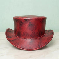 Handmade Distressed Red Leather Top Hat – Gothic Steampunk Victorian Cosplay Cap