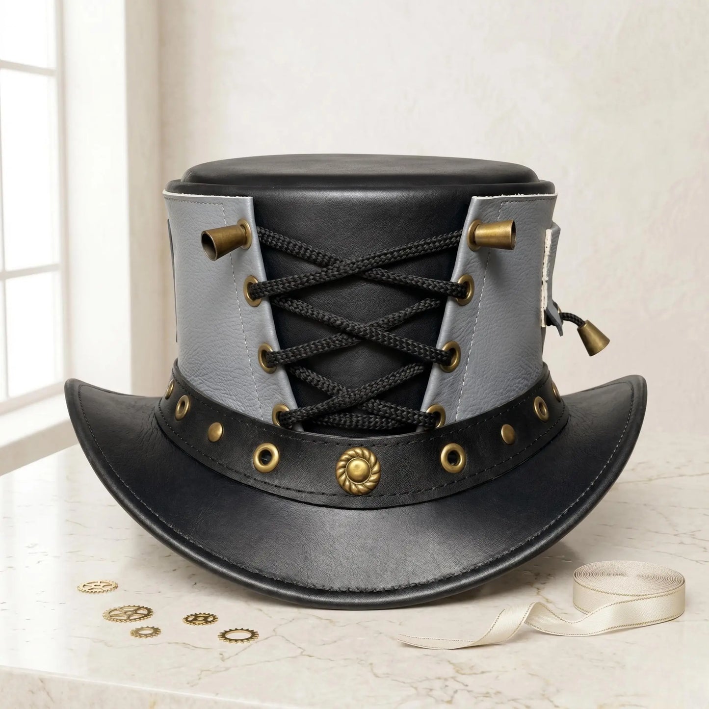 Make a Bold Statement Handmade Black Leather Steampunk Top Hat