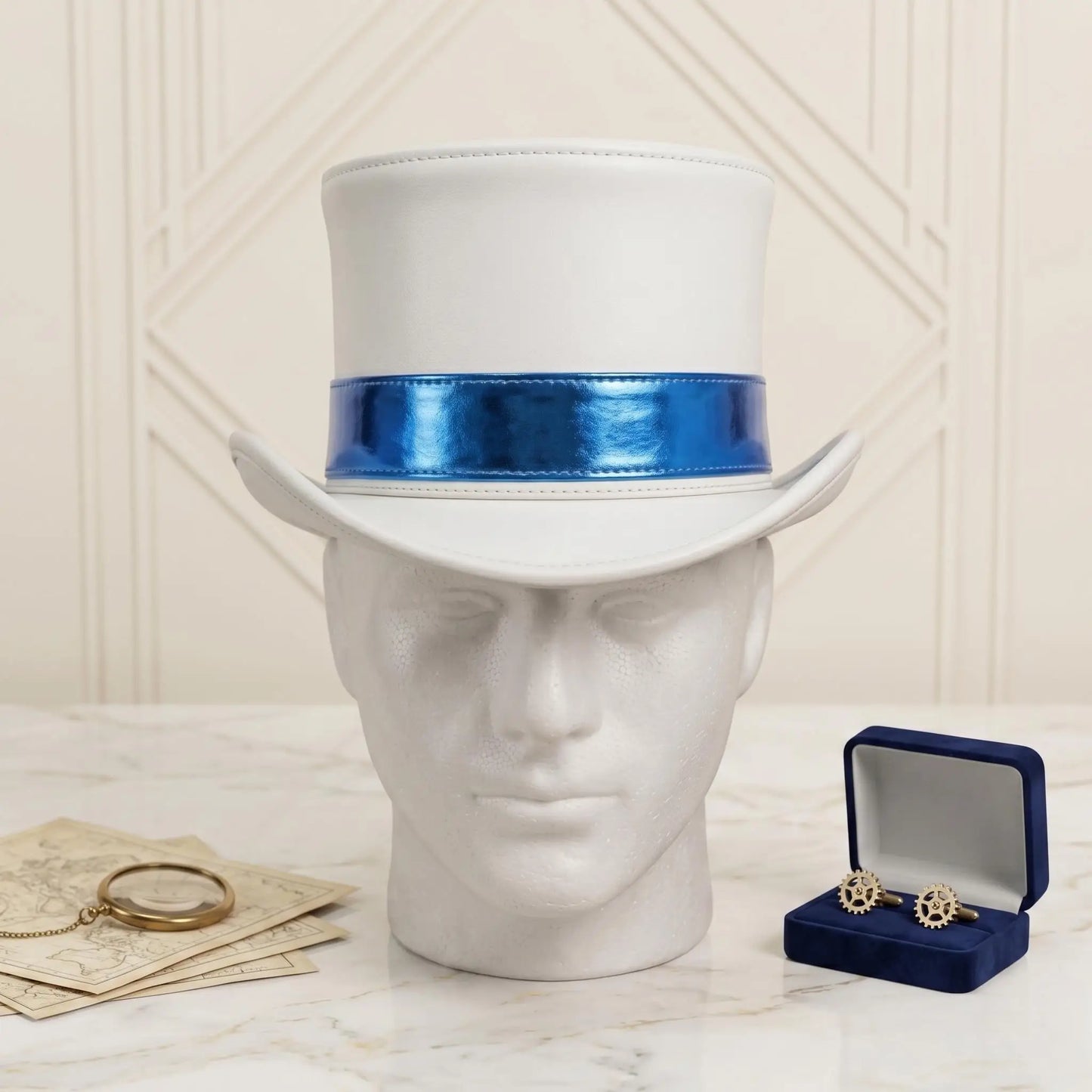 Handmade White Leather Top Hat with Metallic Blue Band