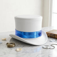 Handmade White Leather Top Hat with Metallic Blue Band
