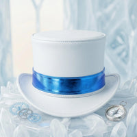Handmade White Leather Top Hat with Metallic Blue Band