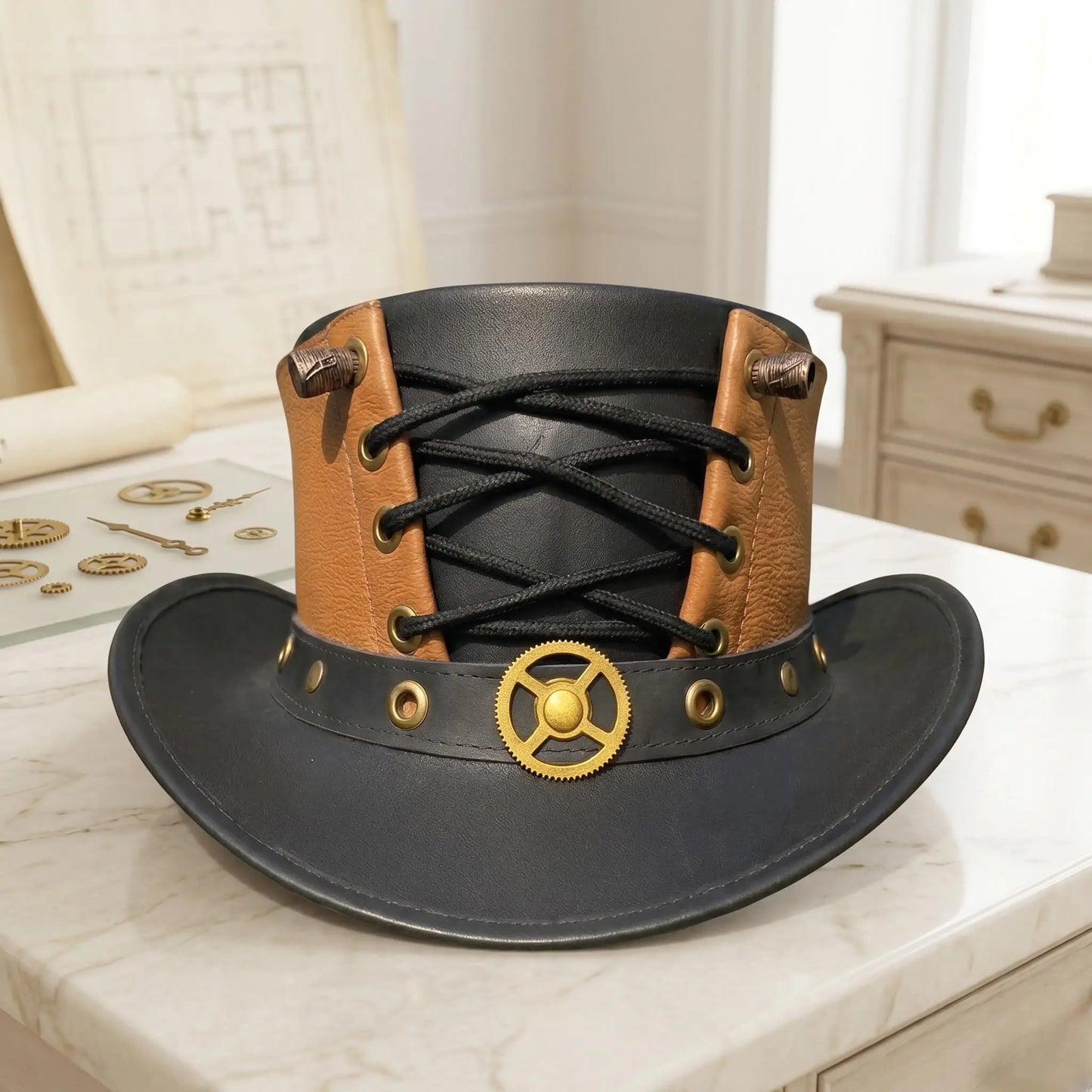 Handmade Steampunk Leather Top Hat Gothic Victorian Cosplay Statement Piece