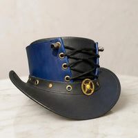 Handmade Leather Steampunk Blue & Black Victorian Gothic Cosplay Top Hat with Corset Lace-Up