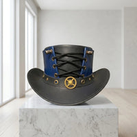 Handmade Leather Steampunk Blue & Black Victorian Gothic Cosplay Top Hat with Corset Lace-Up