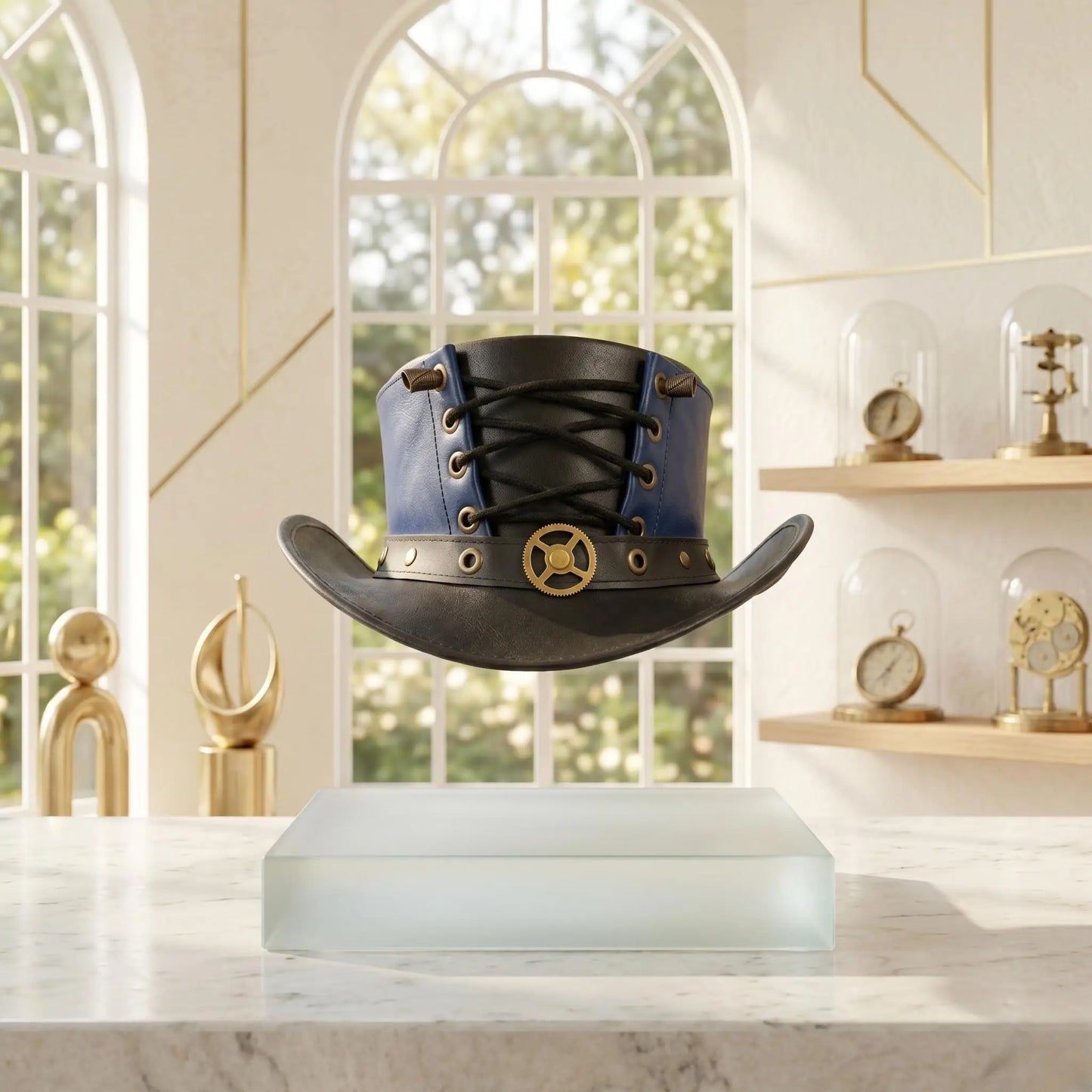 Handmade Leather Steampunk Blue & Black Victorian Gothic Cosplay Top Hat with Corset Lace-Up