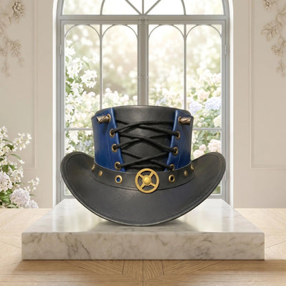 Handmade Leather Steampunk Blue & Black Victorian Gothic Cosplay Top Hat with Corset Lace-Up