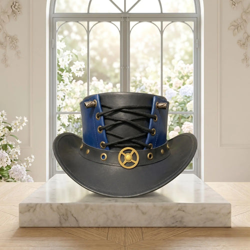 Handmade Leather Steampunk Blue & Black Victorian Gothic Cosplay Top Hat with Corset Lace-Up