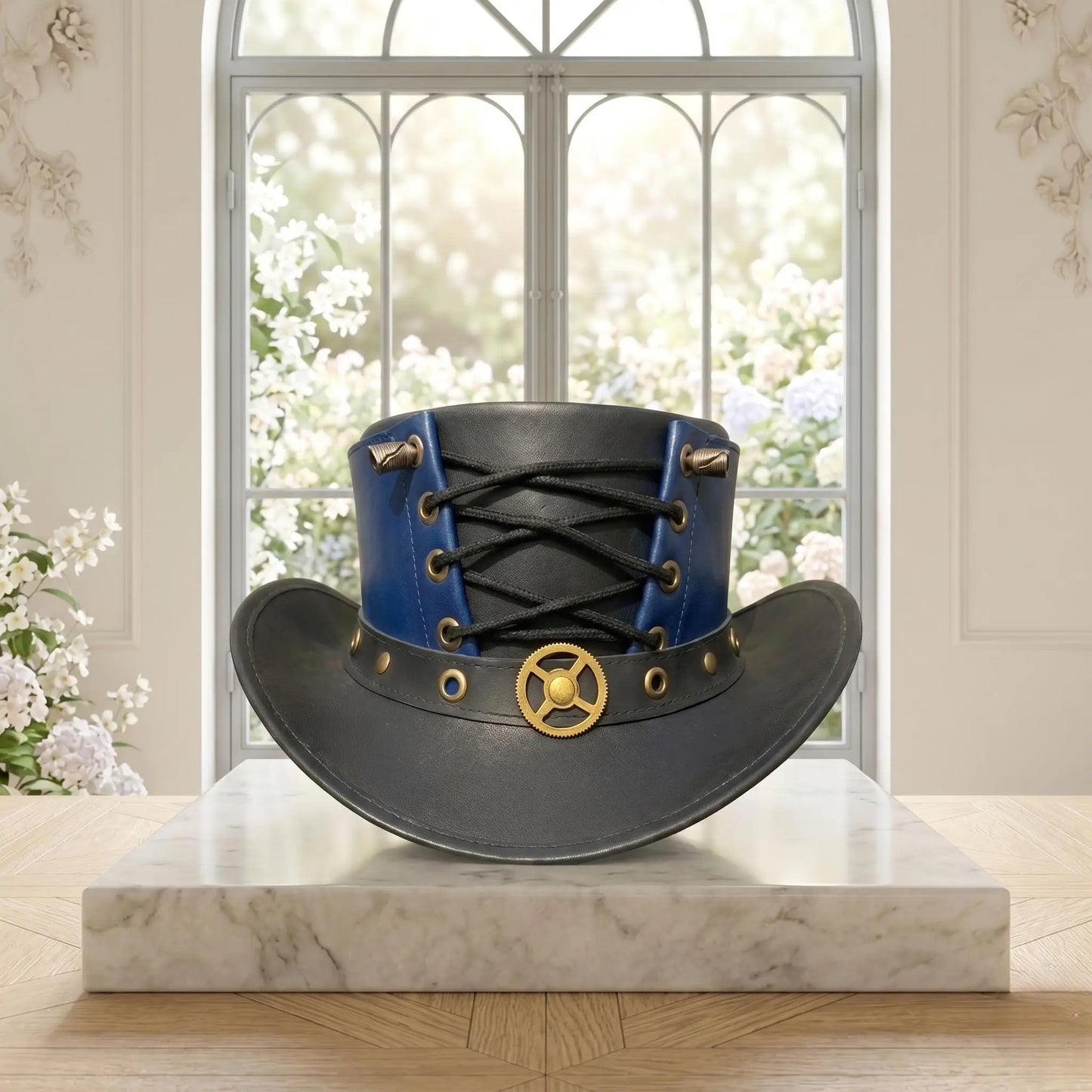 Handmade Leather Steampunk Blue & Black Victorian Gothic Cosplay Top Hat with Corset Lace-Up