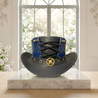 Handmade Leather Steampunk Blue & Black Victorian Gothic Cosplay Top Hat with Corset Lace-Up
