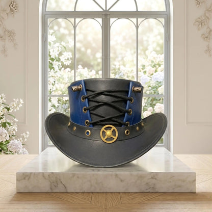Handmade Leather Steampunk Blue & Black Victorian Gothic Cosplay Top Hat with Corset Lace-Up