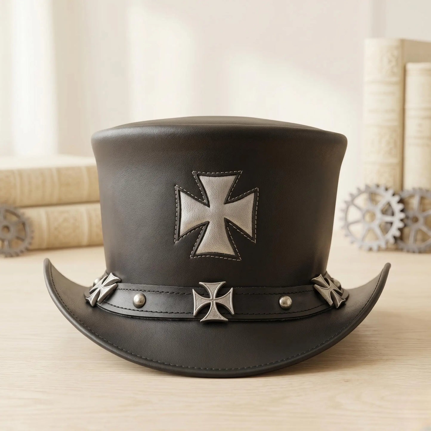 Handmade Black Leather Steampunk Top Hat – Gothic Iron Cross Biker Cap