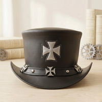 Handmade Black Leather Steampunk Top Hat – Gothic Iron Cross Biker Cap
