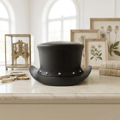 Handmade Black Leather Steampunk Top Hat – Gothic Iron Cross Biker Cap