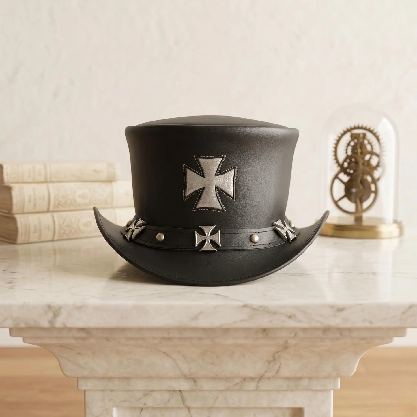 Handmade Black Leather Steampunk Top Hat – Gothic Iron Cross Biker Cap