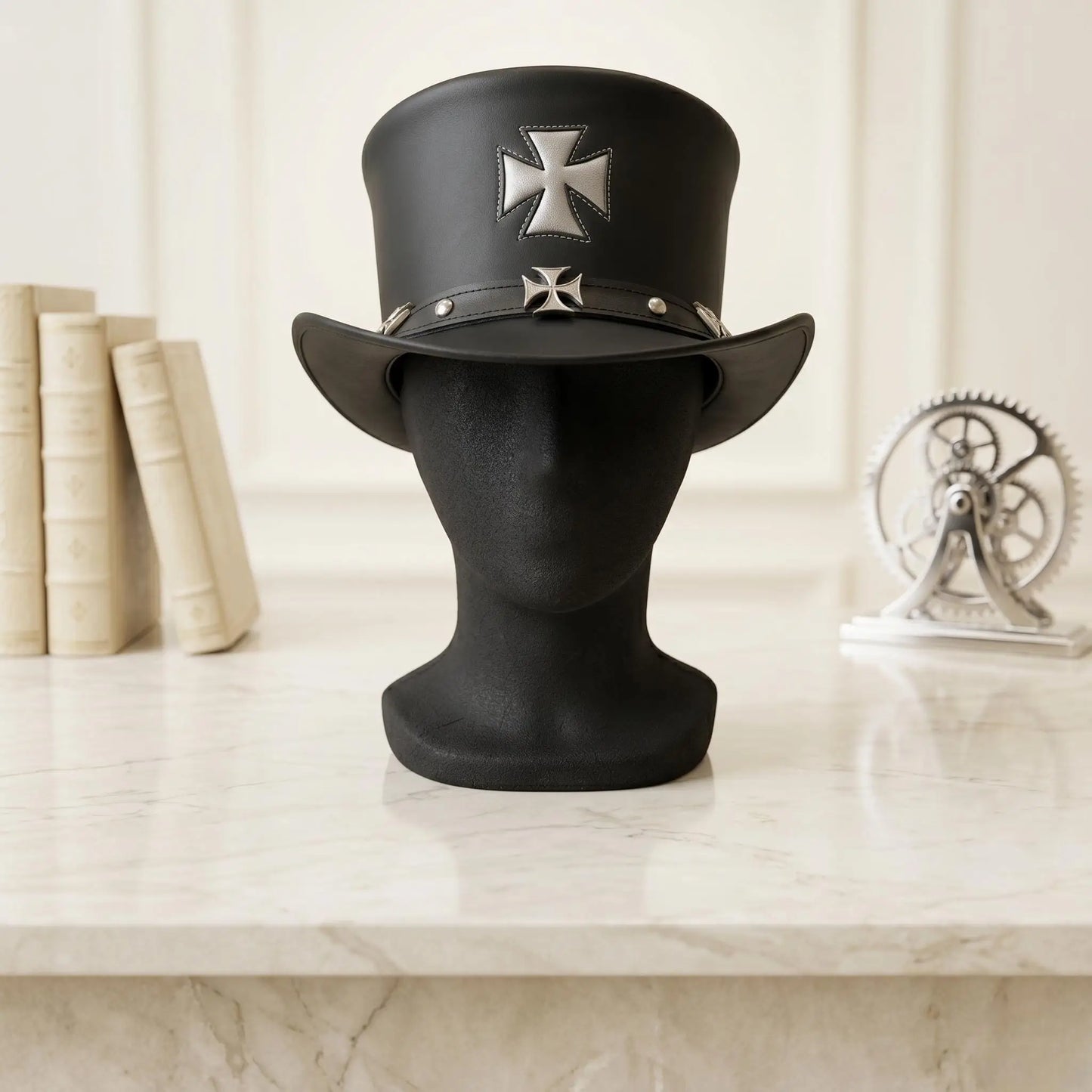 Handmade Black Leather Steampunk Top Hat – Gothic Iron Cross Biker Cap