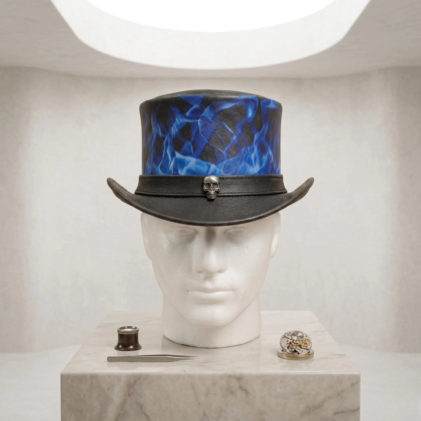 Handmade Black & Blue Leather Steampunk Top Hat with Skull Flame Detail