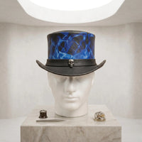 Handmade Black & Blue Leather Steampunk Top Hat with Skull Flame Detail