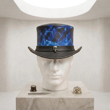 Handmade Black & Blue Leather Steampunk Top Hat with Skull Flame Detail