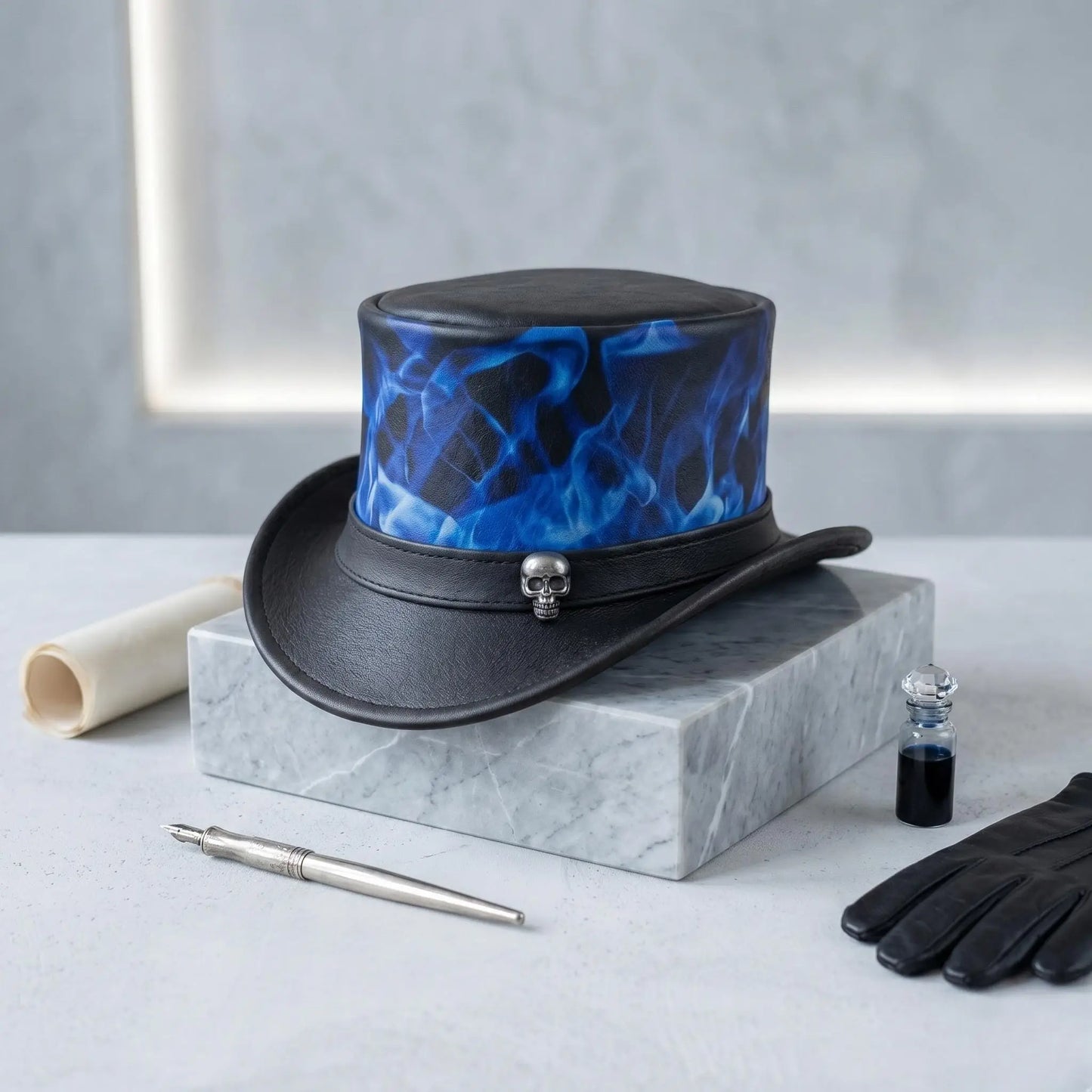 Handmade Black & Blue Leather Steampunk Top Hat with Skull Flame Detail