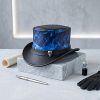 Handmade Black & Blue Leather Steampunk Top Hat with Skull Flame Detail