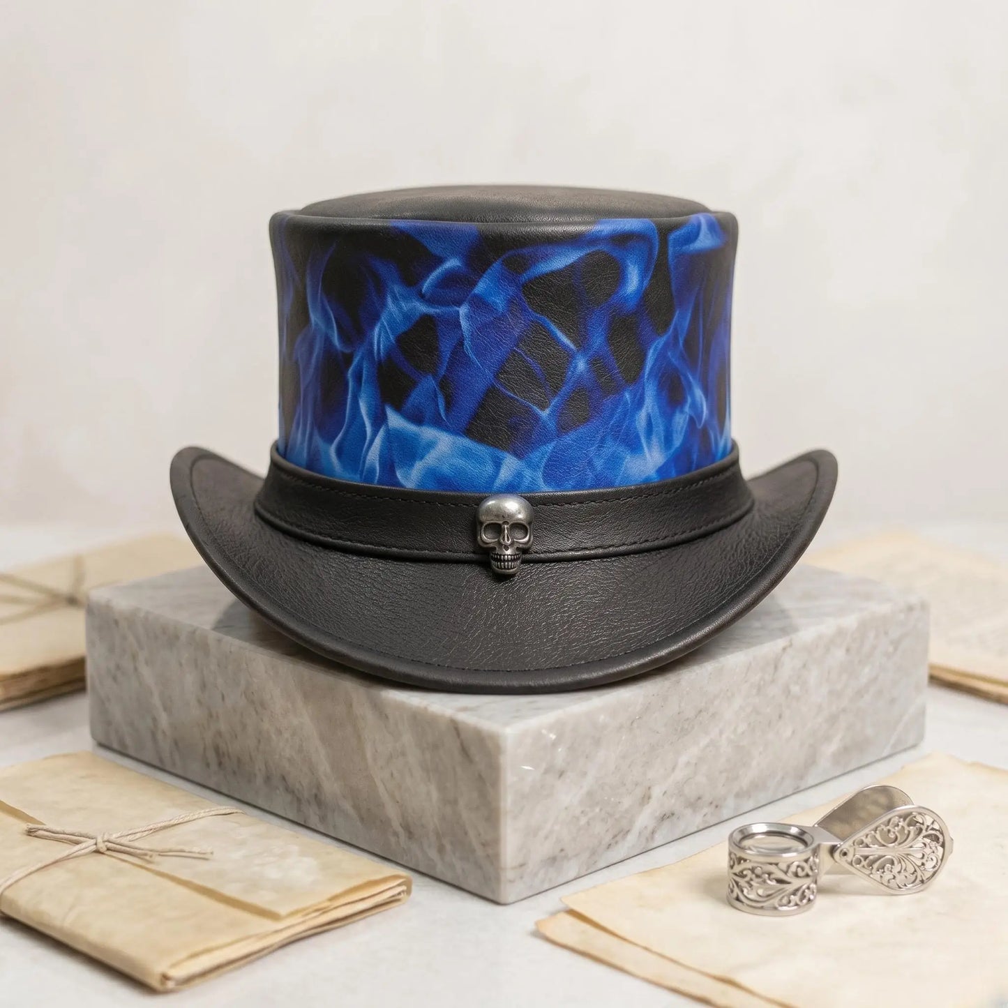 Handmade Black & Blue Leather Steampunk Top Hat with Skull Flame Detail
