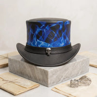 Handmade Black & Blue Leather Steampunk Top Hat with Skull Flame Detail