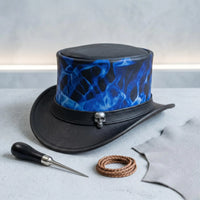 Handmade Black & Blue Leather Steampunk Top Hat with Skull Flame Detail