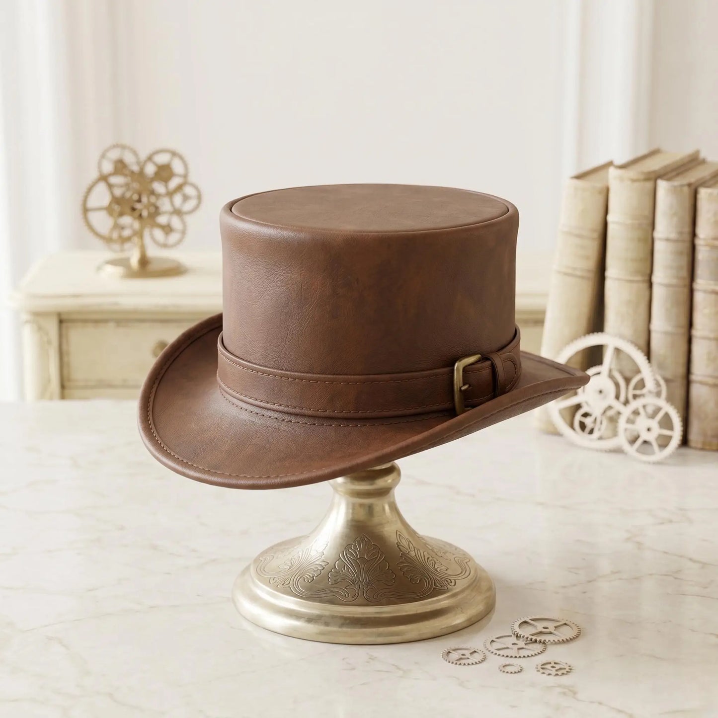 Handmade Steampunk Brown Leather Top Hat | Vintage Gothic Festival Style