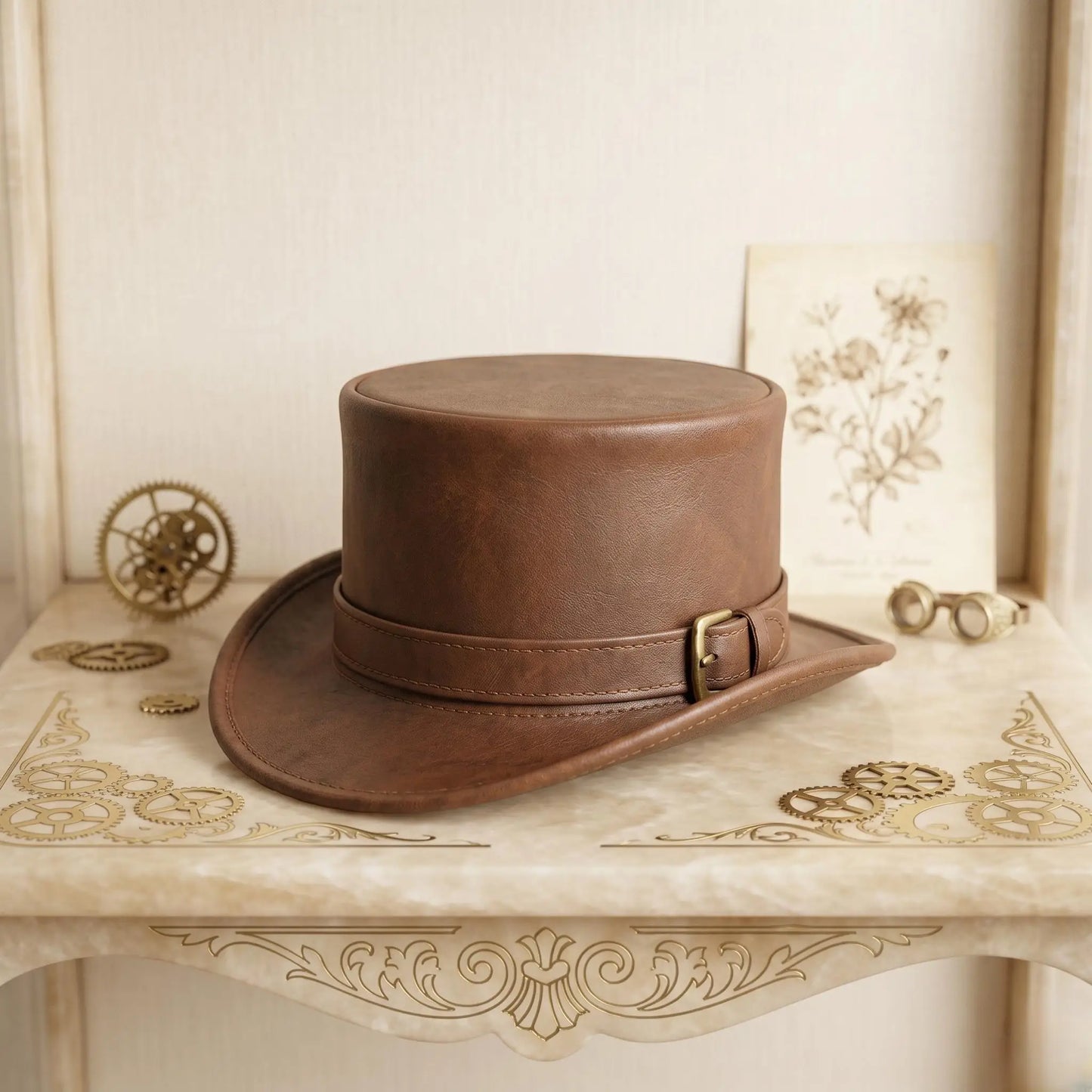 Handmade Steampunk Brown Leather Top Hat | Vintage Gothic Festival Style