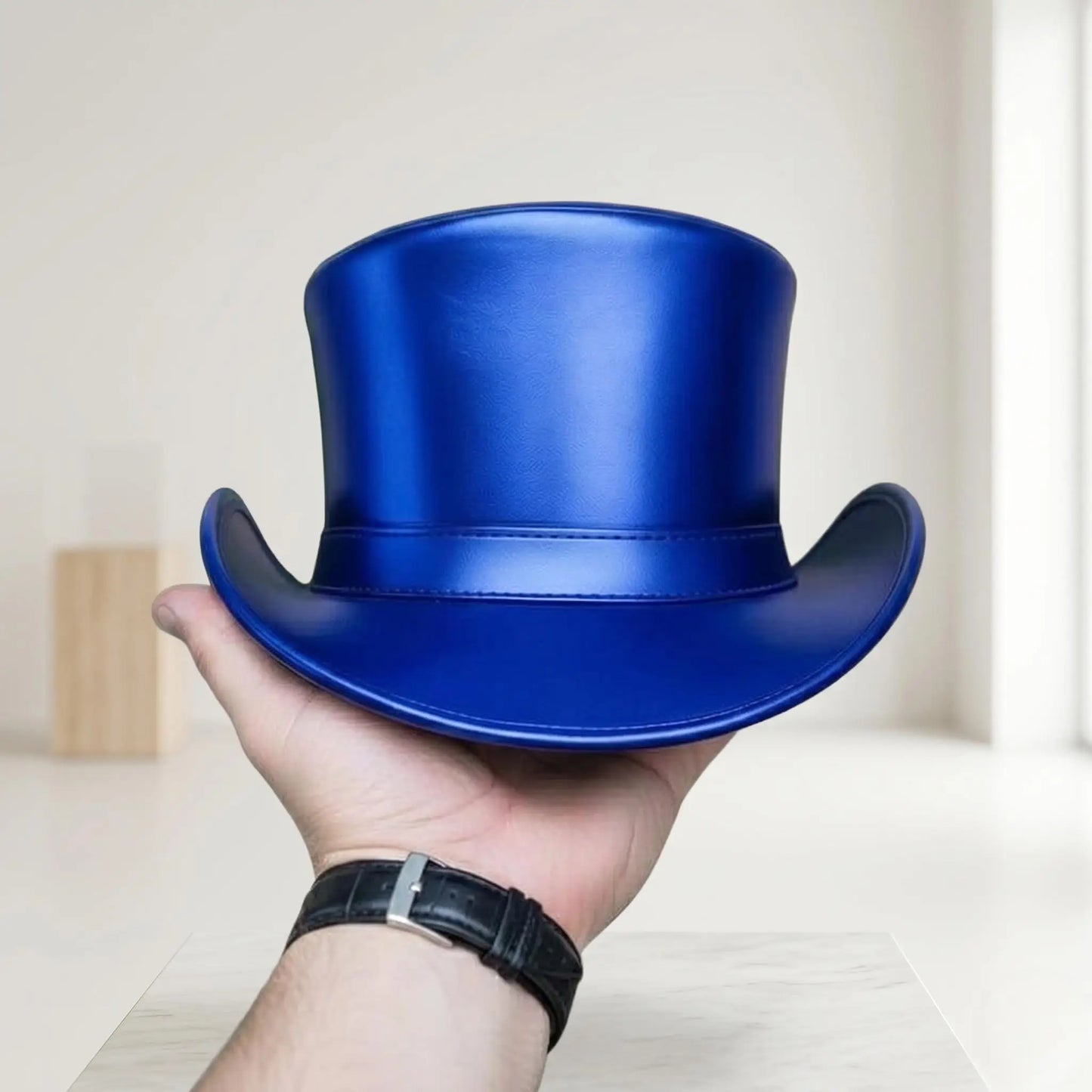 Turn Heads with the Ultimate Metallic Blue Leather Top Hat